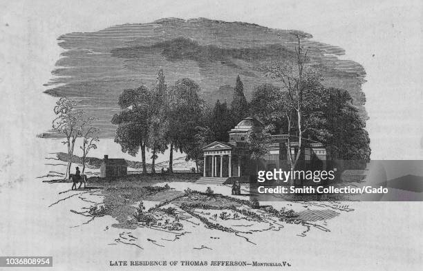 Engraving of Thomas Jefferson residence in Monticello, Virginia, third president of the United States, an American Founding Father and principal...