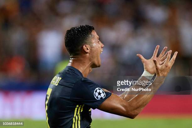 Cristiano Ronaldo of Juventus cries after taking a red card during the UEFA Champions League group H match between Valencia CF and Juventus at...