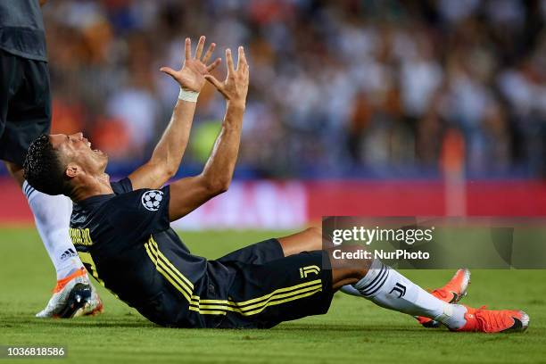 Cristiano Ronaldo of Juventus cries after taking a red card during the UEFA Champions League group H match between Valencia CF and Juventus at...