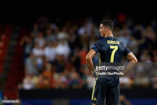 Cristiano Ronaldo of Juventus cries after taking a red card during the UEFA Champions League group H match between Valencia CF and Juventus at...