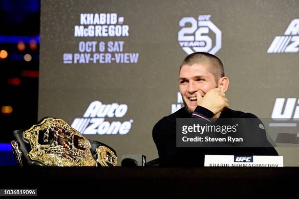 Lightweight Champion Khabib Nurmagomedov reacts during the UFC 229 Press Conference at Radio City Music Hall on September 20, 2018 in New York City.