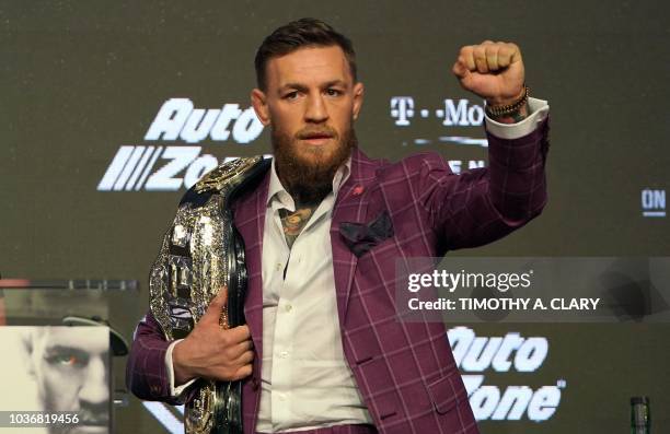 Two-division UFC champion Conor McGregor of Ireland arrives for a press conference at Radio City Music Hall in New York September 20, 2018 to...