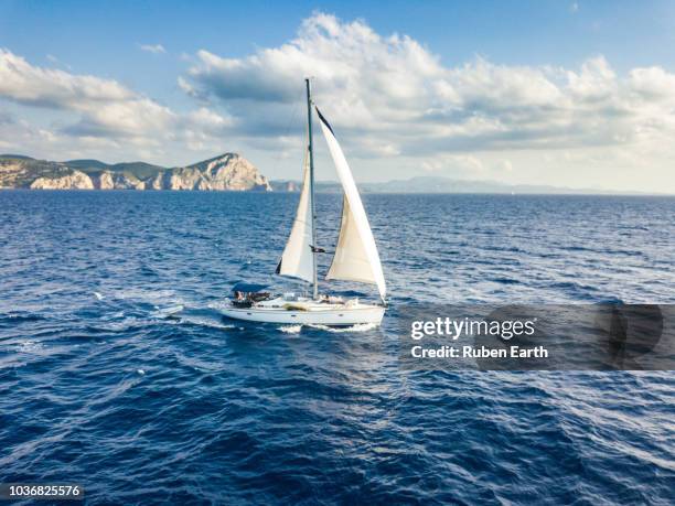 sailing boat aerial view - sail ship stock pictures, royalty-free photos & images