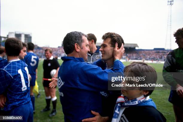 April 1989 - Football League Division Two - Chelsea v Leeds United - Chelsea manager Bobby Campbell embraces Tony Dorigo as they celebrate their...