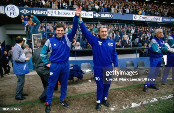 April 1989 - Football League Division Two - Chelsea v Leeds United - Chelsea coaches Ian Porterfield and Bobby Campbell celebrate promotion at...