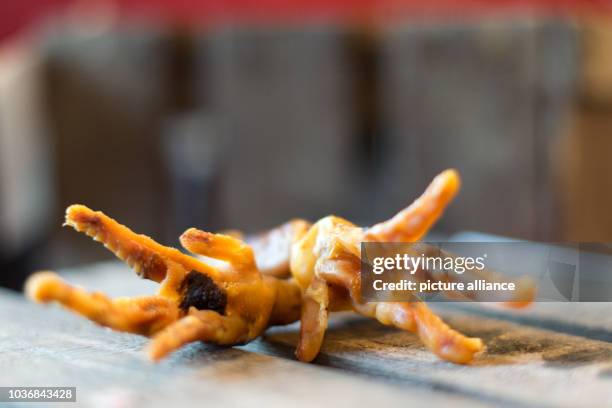 Chicken feet lying on a wooden box at Anne Kroenke's Barfshop in Berlin, Germany, 4 February 2016. Barf is short for 'Bones and raw foods', a method...