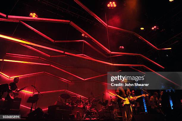 Musicians Nigel Godrich, Joey Waronker, Mauro Refosco, Thom Yorke and Flea of the band Atoms for Peace perform during Day 3 of the Coachella Valley...