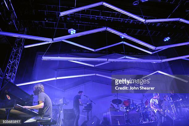 Musicians Thom Yorke, Nigel Godrich, Joey Waronker, Flea and Mauro Refosco of the band Atoms for Peace perform during Day 3 of the Coachella Valley...