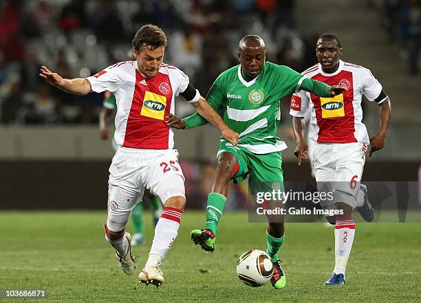 Brett Evans from Ajax CT and Bennet Chenene from Bloemfontein Celtic fight for the ball during the Absa Premiership match between Ajax Cape Town and...