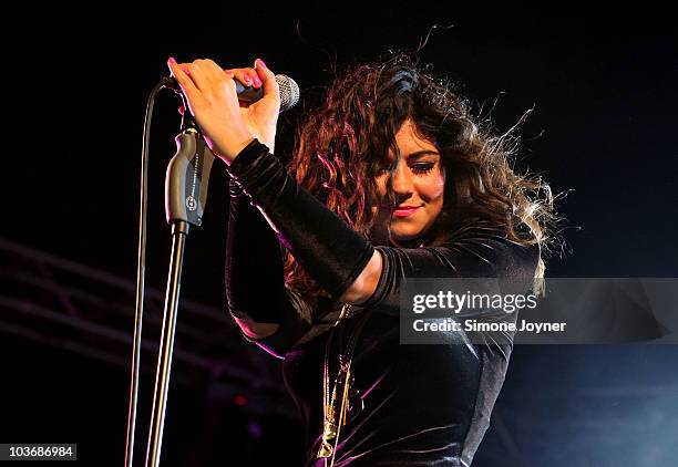 Marina Diamandis of Marina and The Diamonds performs live on the Festival Republic stage during day one of Reading Festival on August 27, 2010 in...