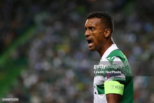 Sporting's forward Nani from Portugal reacts during the UEFA Europa League Group E football match Sporting CP vs Qarabag at Alvalade stadium in...