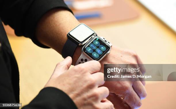 Two Apple watches on the wrist of a customer at the Australian release of the latest iPhone and watch models at the Apple Store on September 21, 2018...