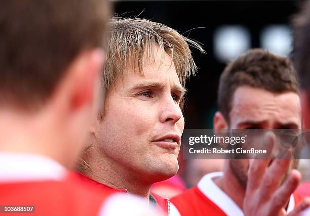 Bullants coach David Teague talks to his players at the break during the VFL second Elimination Final match between the Northern Bullants and...