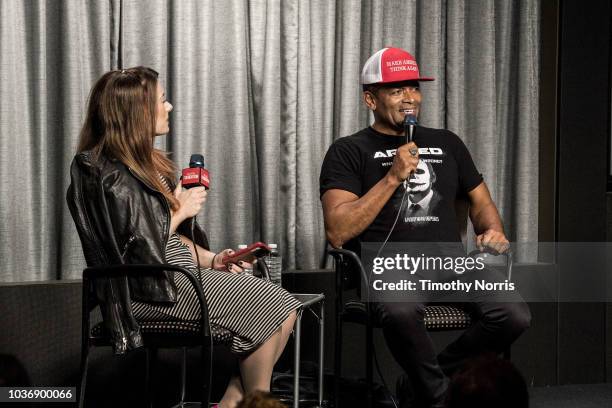 Whitney Friedlander and Mario Van Peebles speak during a screening of "Armed" at SAG-AFTRA Foundation Screening Room on September 20, 2018 in Los...