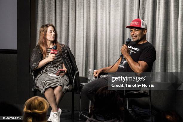 Whitney Friedlander and Mario Van Peebles speak during a screening of "Armed" at SAG-AFTRA Foundation Screening Room on September 20, 2018 in Los...