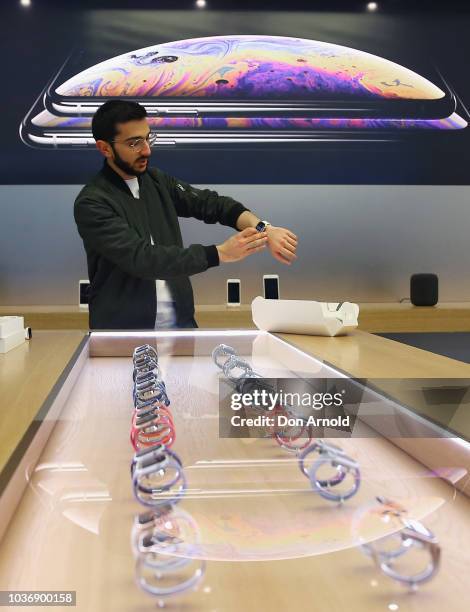 Mazen Kourouche poses with his watch purchase during the Australian release of the latest iPhone models at Apple Store on September 21, 2018 in...