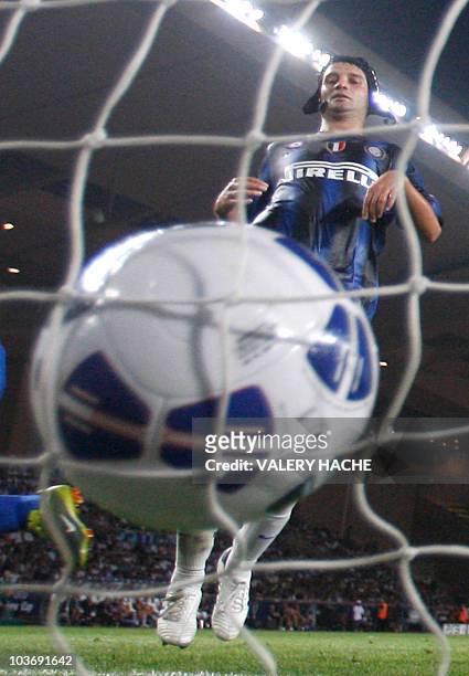 Milano's Cristian Chivu looks the ball after a goal of Madrid during the UEFA Super Cup football match F.C. Internazionale Milano vs Club Athletico...