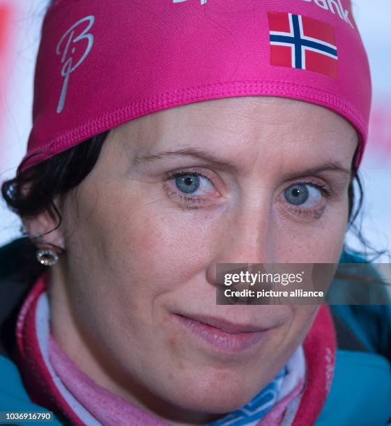 Cross-country skier Marit Bjoergen of Norway attends a press conference at the Biathlon World Championships, in the Holmenkollen Ski Arena, Oslo,...