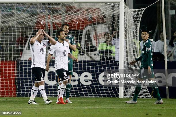 Esteban Paredes of Colo Colo reacts after missing a chance to score during a quarter final first leg match between Colo Colo and Palmeiras as part of...