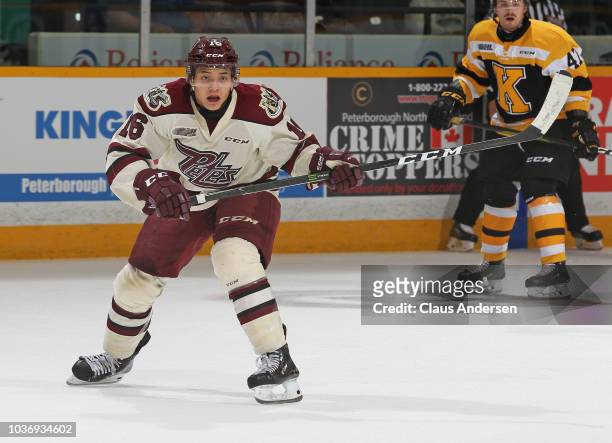 Nick Robertson of the Peterborough Petes skates against the Kingston Frontenacs in an OHL game at the Peterborough Memorial Centre on Sept 20, 2018...