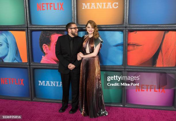 Jonah Hill and Emma Stone attend the 'Maniac' season 1 New York premiere at Center 415 on September 20, 2018 in New York City.