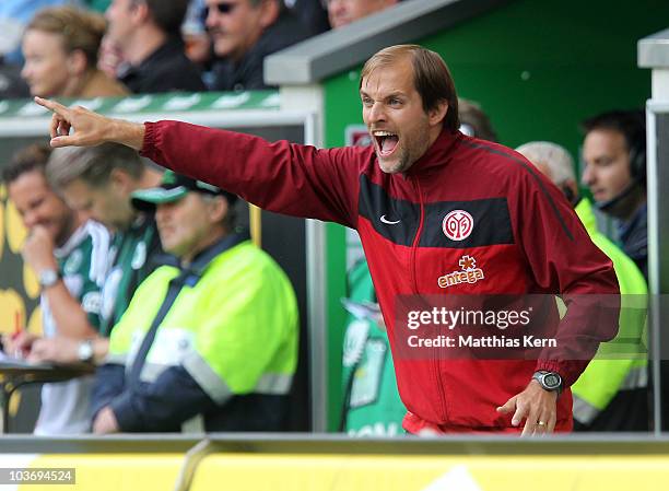 Head coach Thomas Tuchel of Mainz reacts during the Bundesliga match between VFL Wolfsburg and FSV Mainz 05 at Volkswagen Arena on August 28, 2010 in...