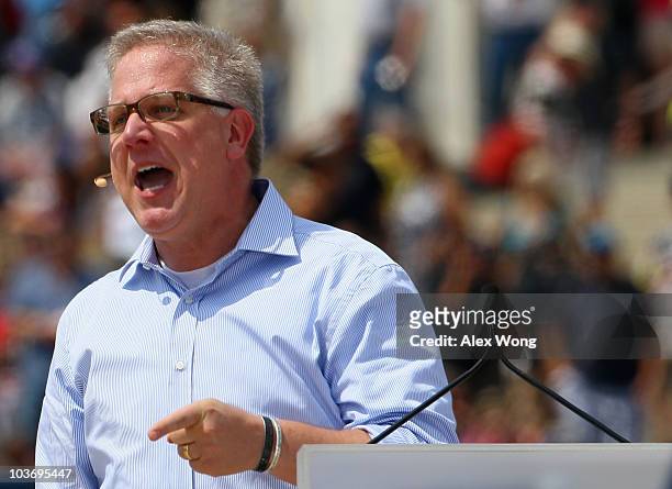 Fox News personality Glenn Beck speaks during the "Restoring Honor" rally in front of the Lincoln Memorial at the National Mall August 28, 2010 in...