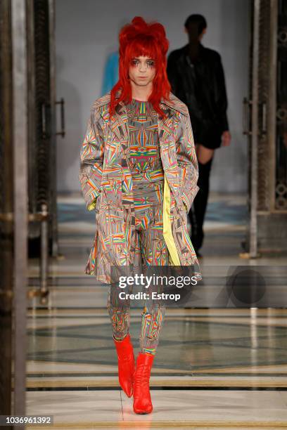 Model walks the runway at the Pam Hogg Show during London Fashion Week September 2018 at XXXX on September 14, 2018 in London, England.