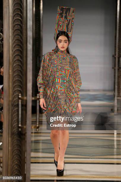 Model walks the runway at the Pam Hogg Show during London Fashion Week September 2018 at XXXX on September 14, 2018 in London, England.