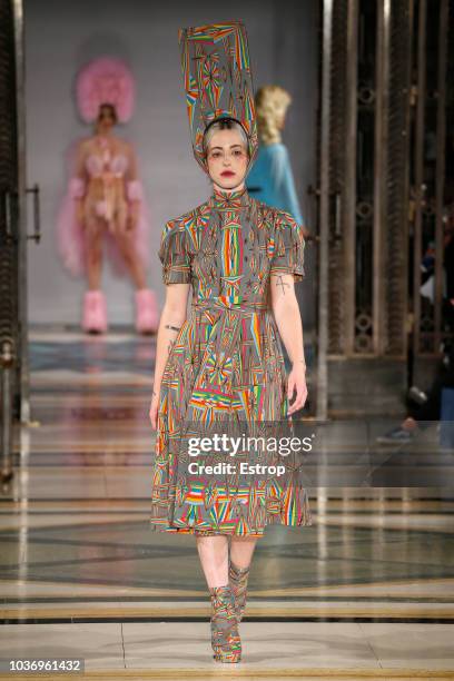 Model walks the runway at the Pam Hogg Show during London Fashion Week September 2018 at XXXX on September 14, 2018 in London, England.