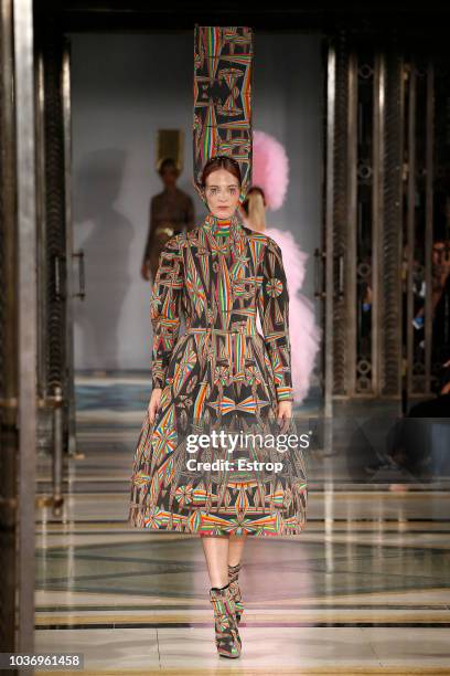 Model walks the runway at the Pam Hogg Show during London Fashion Week September 2018 at XXXX on September 14, 2018 in London, England.