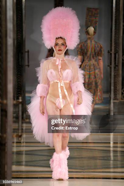 Model Ellie Rae Winstone walks the runway at the Pam Hogg Show during London Fashion Week September 2018 at XXXX on September 14, 2018 in London,...