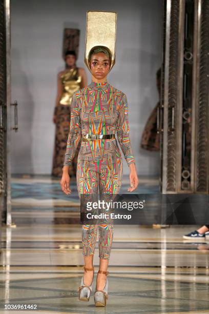 Model walks the runway at the Pam Hogg Show during London Fashion Week September 2018 at XXXX on September 14, 2018 in London, England.