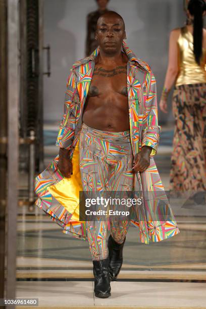 Model walks the runway at the Pam Hogg Show during London Fashion Week September 2018 at XXXX on September 14, 2018 in London, England.