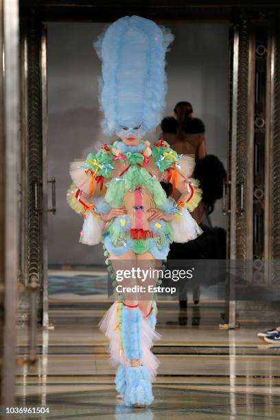 Model walks the runway at the Pam Hogg Show during London Fashion Week September 2018 at XXXX on September 14, 2018 in London, England.