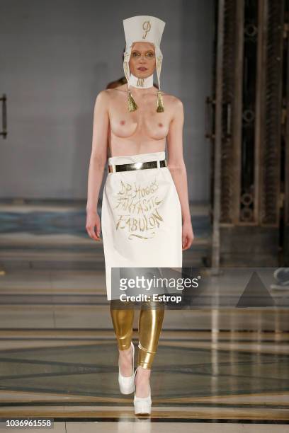 Model walks the runway at the Pam Hogg Show during London Fashion Week September 2018 at XXXX on September 14, 2018 in London, England.