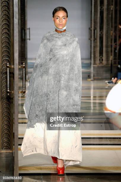 Model walks the runway at the Pam Hogg Show during London Fashion Week September 2018 at XXXX on September 14, 2018 in London, England.