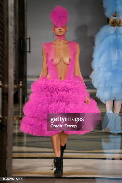 Model walks the runway at the Pam Hogg Show during London Fashion Week September 2018 at XXXX on September 14, 2018 in London, England.