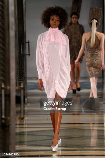 Model walks the runway at the Pam Hogg Show during London Fashion Week September 2018 at XXXX on September 14, 2018 in London, England.