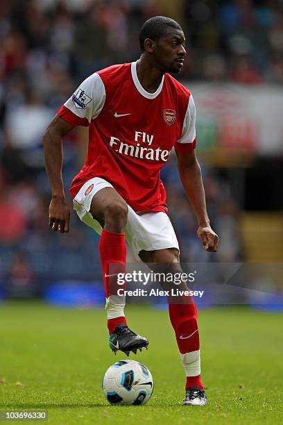 Abou Diaby of Arsenal in action during the Barclays Premier League match between Blackburn Rovers and Arsenal at Ewood Park on August 28, 2010 in...