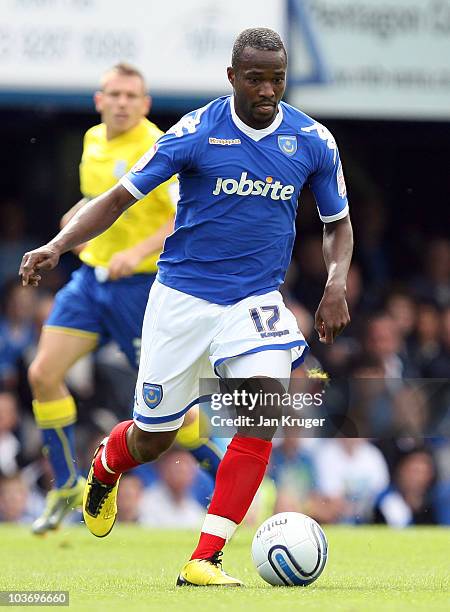John Utaka of Portsmouth in action during the npower Championship match between Portsmouth and Cardiff City at Fratton Park on August 28, 2010 in...