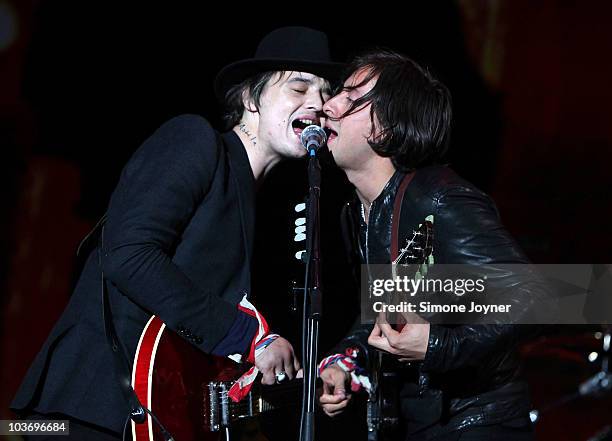 Pete Doherty and Carl Barat of The Libertines performs live on the Main stage during day Two of Reading Festival on August 28, 2010 in Reading,...