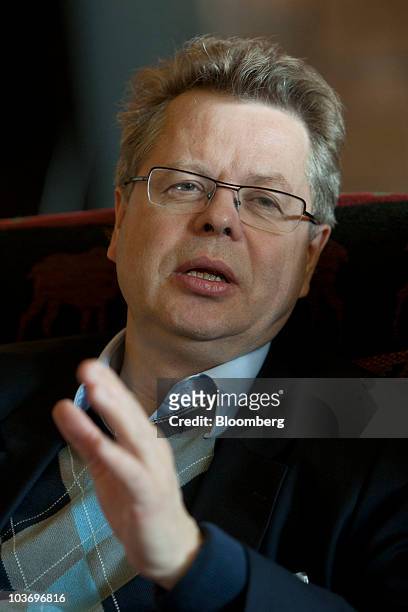 Mar Gudmundsson, governor of the Central Bank of Iceland, talks during an interview the Federal Reserve Bank of Kansas City annual symposium near...