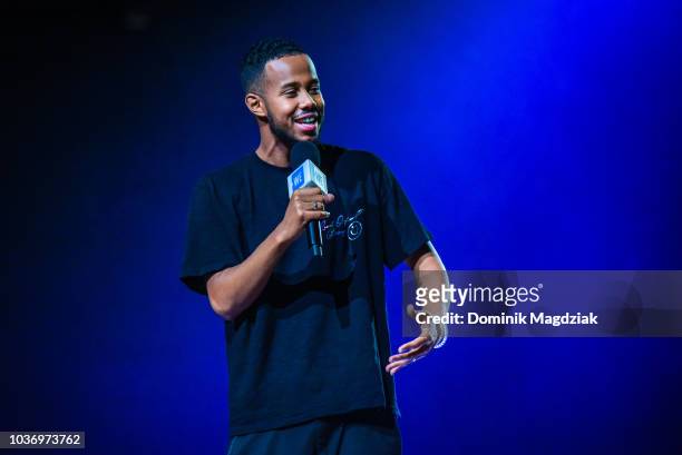 Mustafa the Poet performs on stage during the 2018 WE Day Toronto Show at Scotiabank Arena on September 20, 2018 in Toronto, Canada.