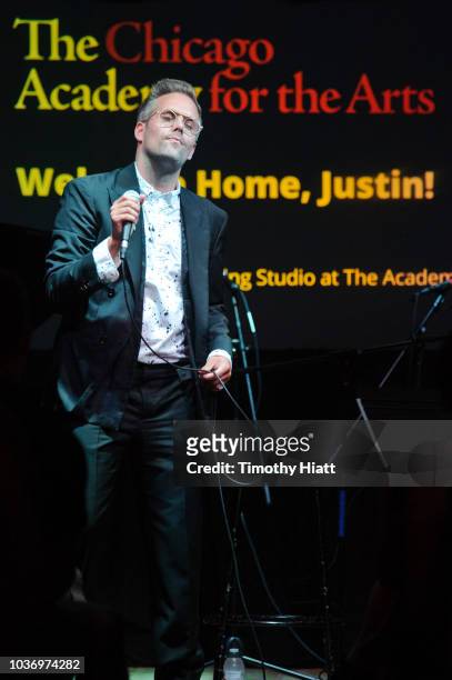 Justin Tranter performs at the Justin Tranter Recording Studio ribbon cutting at The Chicago Academy For The Arts on September 20, 2018 in Chicago,...