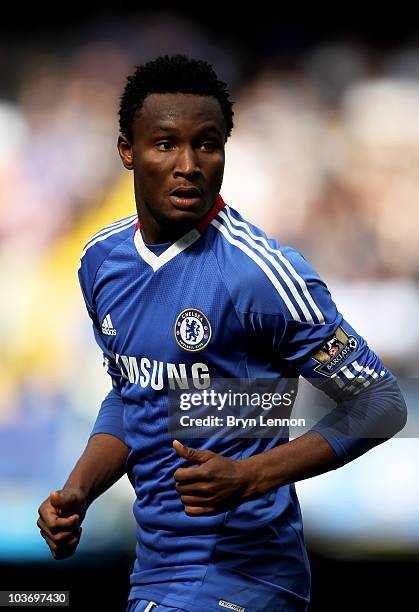 John Obi Mikel of Chelsea in action during the Barclays Premier League match between Chelsea and Stoke City at Stamford Bridge on August 28, 2010 in...