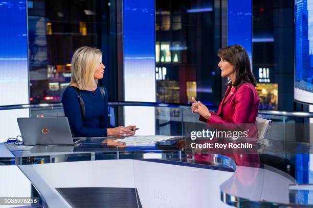 Fox News host Martha MacCallum with United States Ambassador to the United Nations Nikki Haley as she visits "The Story" With Martha MacCallum prior...