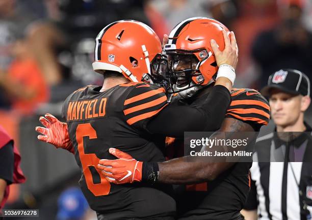 Carlos Hyde celebrates his touchdown with Baker Mayfield of the Cleveland Browns during the fourth quarter against the New York Jets at FirstEnergy...