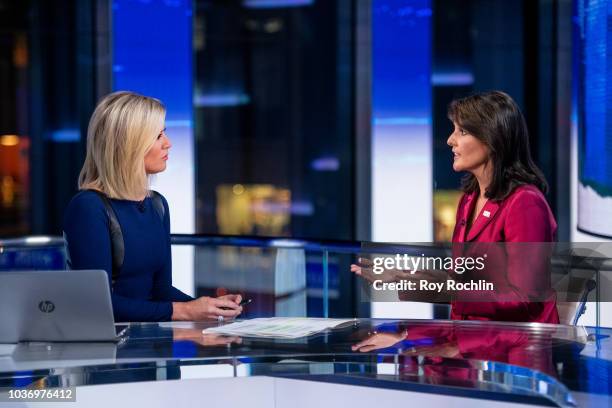 Fox News host Martha MacCallum with United States Ambassador to the United Nations Nikki Haley as she visits "The Story" With Martha MacCallum prior...
