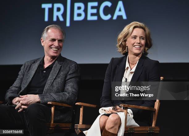 Keith Carradine and Tea Leoni speak onstage at the "Madame Secretary" Season 5 Premiere at Spring Studios on September 20, 2018 in New York City.